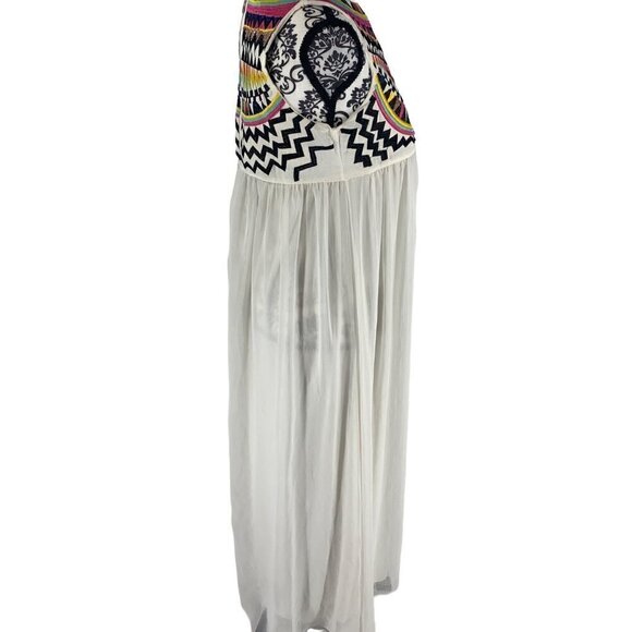 Vivi Party Embroidered Boho Maxi Dress White Sheer Taffeta Skirt Size Medium - Picture 4 of 10